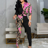 2021 New Fashion Women Chic Two Piece Set Outfits Letter Print Colorblock Knot Front Buttoned Top & High Waist Pants Set