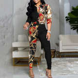 2021 New Fashion Women Chic Two Piece Set Outfits Letter Print Colorblock Knot Front Buttoned Top & High Waist Pants Set
