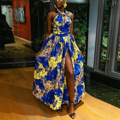 Fadzeco New african dresses for women Clothes Patterns Ankara Dashiki Outfits African Print Jumpsuit Hem Maxi Dress Front Slit