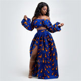African Dresses for Women 2020 News Ladies Full Sleeve Shoulder Off Festher Dashiki Print Split Skirts Autumn Africna Clothes