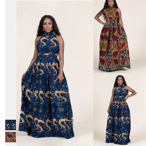 Fashion 2020 Sleeveless African Dresses for Women Sexy Dashiki Print Long Robe Halter Ladies Ankara Africaine Plus Size Clothing