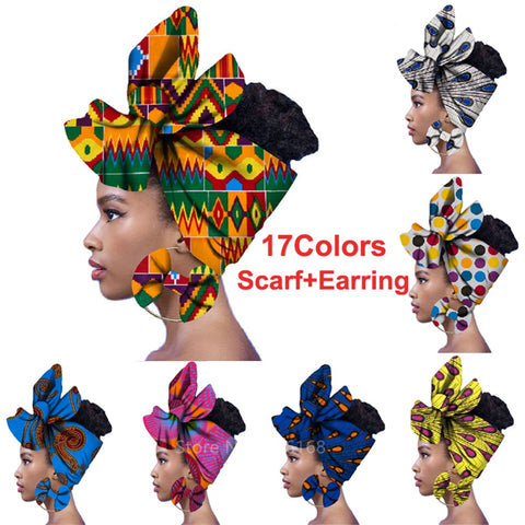 17Colors African Ankara  Fabric Headtie Scarf Earring 2Pcs Set  Dashiki