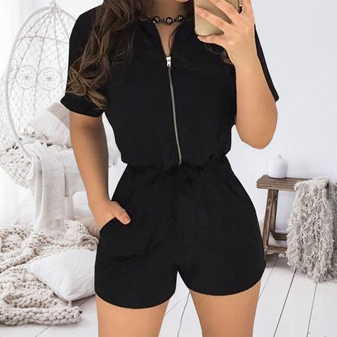 Sexy Zipper Short Sleeve Stitching Shorts Bodysuit Playsuit Casual Solid Color Women Jumpsuit Sexy Shorts Rompers