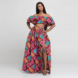 Maxi Skirt & Off-Shoulder Crop Top/Skirt Set for Woman African Ankara Dashiki Clothes Boho Split Sexy Dress Casual Outfits