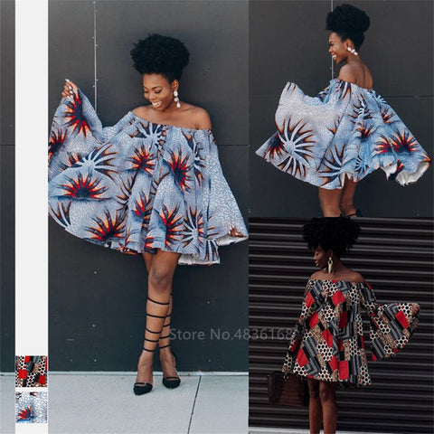 Fashion African Clothes 2020 Dashiki Print Shoulder of Plus Size Amrican Blouse Sexy Ruffle Sleeve African Dresses for Women