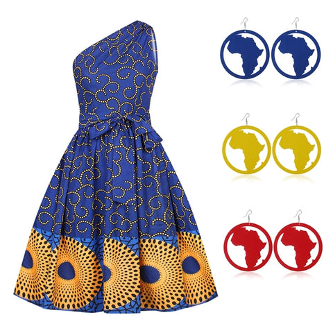 Earrings African Clothes for Women Sleeveless Dress Summer Danshiki Print Fashion Off Shoulder Bandage Skirt Set Girls Clothes