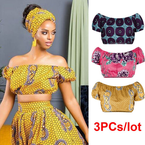 3PCs/lot Wholesale Women African Clothes Tops Shoulder Off Sexy 3D Printing Tribe Style Africa Dress Dashiki Crop Top Clothing