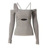 [EAM] Hollow Out Gray Knitting Sweater Loose Fit Slash Neck Long Sleeve Women Pullovers New Fashion Autumn Winter 2022 1DD2267