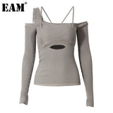 [EAM] Hollow Out Gray Knitting Sweater Loose Fit Slash Neck Long Sleeve Women Pullovers New Fashion Autumn Winter 2022 1DD2267