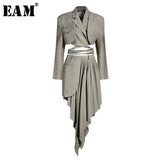 [EAM]  Half-body Skirt Gray Pleated Irregular Two Pieces Suit New Lapel Long Sleeve Loose Women Fashion Spring Autumn 2022 1X728