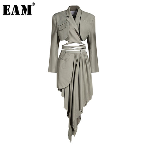 [EAM]  Half-body Skirt Gray Pleated Irregular Two Pieces Suit New Lapel Long Sleeve Loose Women Fashion Spring Autumn 2022 1X728