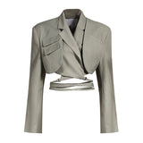 [EAM]  Half-body Skirt Gray Pleated Irregular Two Pieces Suit New Lapel Long Sleeve Loose Women Fashion Spring Autumn 2022 1X728