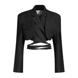 [EAM]  Half-body Skirt Gray Pleated Irregular Two Pieces Suit New Lapel Long Sleeve Loose Women Fashion Spring Autumn 2022 1X728