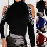 fashion Women Blouses 2021 Long Sleeve Turtle Neck Cold Shoulder Hot Drilling Basic Blouse Pullover woman beautiful Blouse Black