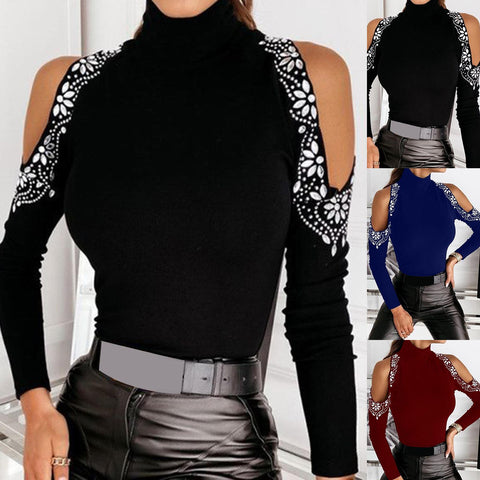 fashion Women Blouses 2021 Long Sleeve Turtle Neck Cold Shoulder Hot Drilling Basic Blouse Pullover woman beautiful Blouse Black