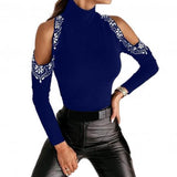fashion Women Blouses 2021 Long Sleeve Turtle Neck Cold Shoulder Hot Drilling Basic Blouse Pullover woman beautiful Blouse Black