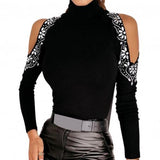 fashion Women Blouses 2021 Long Sleeve Turtle Neck Cold Shoulder Hot Drilling Basic Blouse Pullover woman beautiful Blouse Black