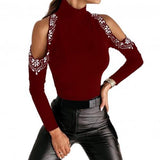 fashion Women Blouses 2021 Long Sleeve Turtle Neck Cold Shoulder Hot Drilling Basic Blouse Pullover woman beautiful Blouse Black