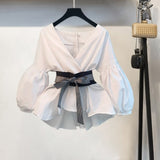 Lantern Sleeve Blouse Shirt Women 2021 Fashion Korean Style Summer Bow V-neck Striped Shirt Elegant Ladies Tops Female Clothing