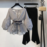 Lantern Sleeve Blouse Shirt Women 2021 Fashion Korean Style Summer Bow V-neck Striped Shirt Elegant Ladies Tops Female Clothing