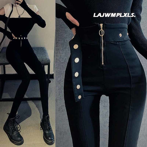 2021 Autumn Spring New Black leggings Casual Elastic High Waist stretch feet pants women&#39;s Metal Buttons was thin Pencil Pants