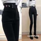 2021 Autumn Spring New Black leggings Casual Elastic High Waist stretch feet pants women&#39;s Metal Buttons was thin Pencil Pants