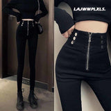 2021 Autumn Spring New Black leggings Casual Elastic High Waist stretch feet pants women&#39;s Metal Buttons was thin Pencil Pants