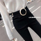 2021 Autumn Spring New Black leggings Casual Elastic High Waist stretch feet pants women&#39;s Metal Buttons was thin Pencil Pants