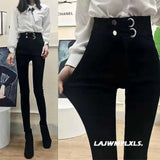 2021 Autumn Spring New Black leggings Casual Elastic High Waist stretch feet pants women&#39;s Metal Buttons was thin Pencil Pants