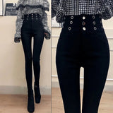 2021 Autumn Spring New Black leggings Casual Elastic High Waist stretch feet pants women&#39;s Metal Buttons was thin Pencil Pants