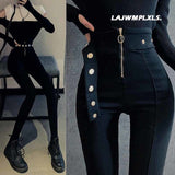 2021 Autumn Spring New Black leggings Casual Elastic High Waist stretch feet pants women&#39;s Metal Buttons was thin Pencil Pants