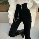 2021 Autumn Spring New Black leggings Casual Elastic High Waist stretch feet pants women&#39;s Metal Buttons was thin Pencil Pants