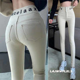 2021 Autumn Spring New Black leggings Casual Elastic High Waist stretch feet pants women&#39;s Metal Buttons was thin Pencil Pants