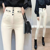 2021 Autumn Spring New Black leggings Casual Elastic High Waist stretch feet pants women&#39;s Metal Buttons was thin Pencil Pants