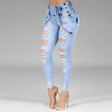 Women Jeans High Waisted Straight Skinny Stretchy Pant Streetwear Ladies Hole Washed Bandage Denim Pencil Pants Trousers 2021