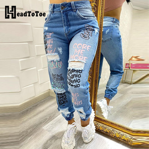 Letter Print Slant Pocket Ripped Jeans Women Casual Denim Pants
