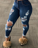 Women’s Slim Fit Jeans Solid Color Ripped Hole Tassel Stretch Mid-waist
