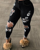 Women’s Slim Fit Jeans Solid Color Ripped Hole Tassel Stretch Mid-waist