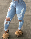 Women’s Slim Fit Jeans Solid Color Ripped Hole Tassel Stretch Mid-waist