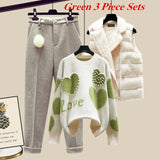 Winter New Warm Sweater 3 piece set Women Korean Fashion Sweet Heart-shaped beaded Sweater +Lamb wool vest +Pants Suits