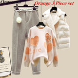 Winter New Warm Sweater 3 piece set Women Korean Fashion Sweet Heart-shaped beaded Sweater +Lamb wool vest +Pants Suits