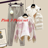 Winter New Warm Sweater 3 piece set Women Korean Fashion Sweet Heart-shaped beaded Sweater +Lamb wool vest +Pants Suits