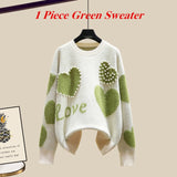 Winter New Warm Sweater 3 piece set Women Korean Fashion Sweet Heart-shaped beaded Sweater +Lamb wool vest +Pants Suits
