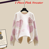 Winter New Warm Sweater 3 piece set Women Korean Fashion Sweet Heart-shaped beaded Sweater +Lamb wool vest +Pants Suits