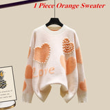 Winter New Warm Sweater 3 piece set Women Korean Fashion Sweet Heart-shaped beaded Sweater +Lamb wool vest +Pants Suits