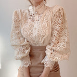Petal Sleeve Stand Collar Hollow Out Flower Lace Patchwork Shirt Femme Blusas All-match Women Lace Blouse Button White Top 12419