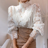 Petal Sleeve Stand Collar Hollow Out Flower Lace Patchwork Shirt Femme Blusas All-match Women Lace Blouse Button White Top 12419