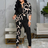 2021 New Fashion Women Chic Two Piece Set Outfits Letter Print Colorblock Knot Front Buttoned Top &amp; High Waist Pants Set