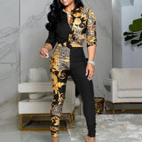2021 New Fashion Women Chic Two Piece Set Outfits Letter Print Colorblock Knot Front Buttoned Top &amp; High Waist Pants Set