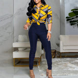 2021 New Fashion Women Chic Two Piece Set Outfits Letter Print Colorblock Knot Front Buttoned Top &amp; High Waist Pants Set